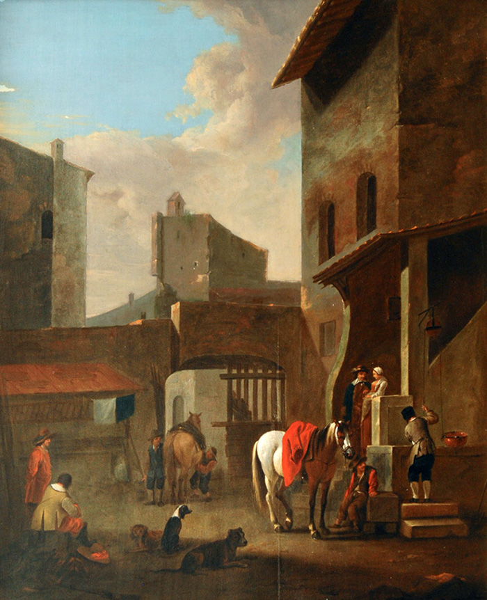 resting horsemen in a court